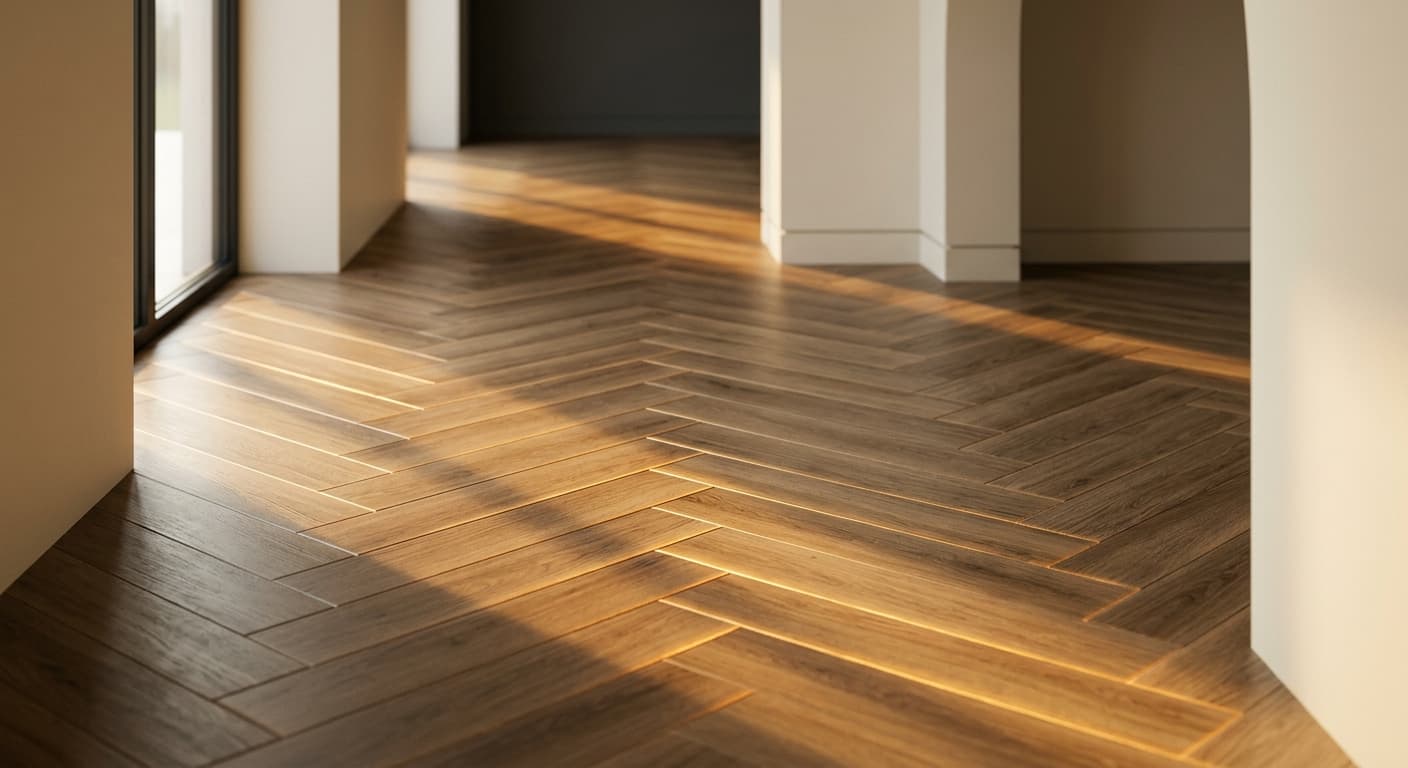 Herringbone luxury vinyl plank installation catching late afternoon sunlight — pattern-aligned with precision across a sunlit modern interior